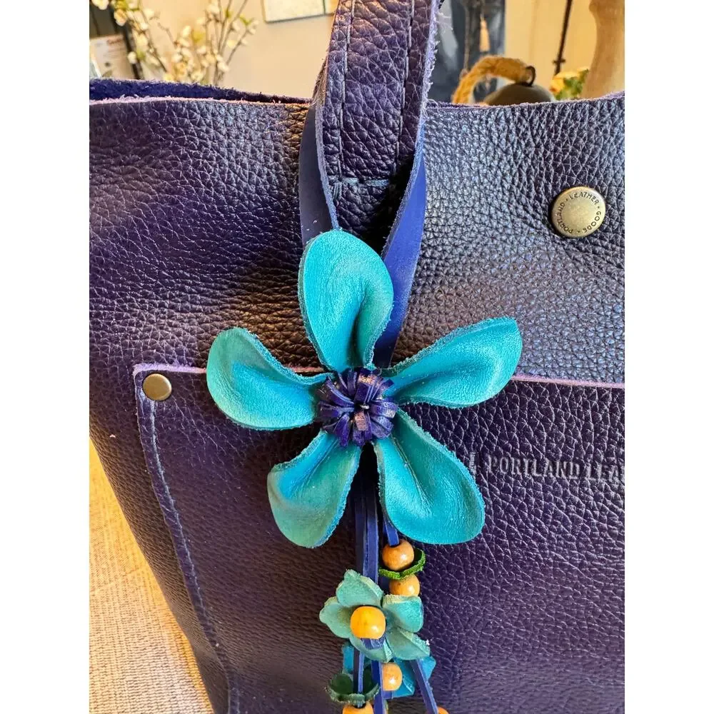 Light Blue Daisy Flower Leather Bag Charm Genuine Leather Purse Charm Flowers